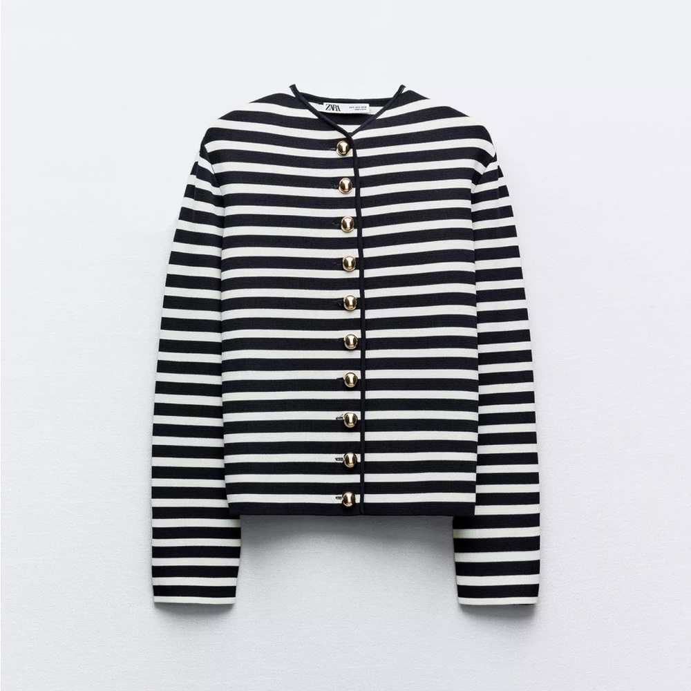 Celine Style Knit Striped Cardigan with Gold Buttons